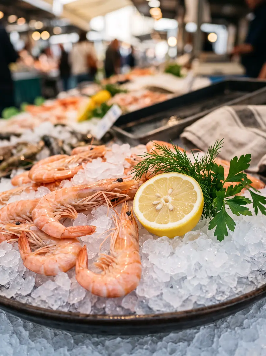 Crevettes roses fraîches sur glace avec citron et herbes